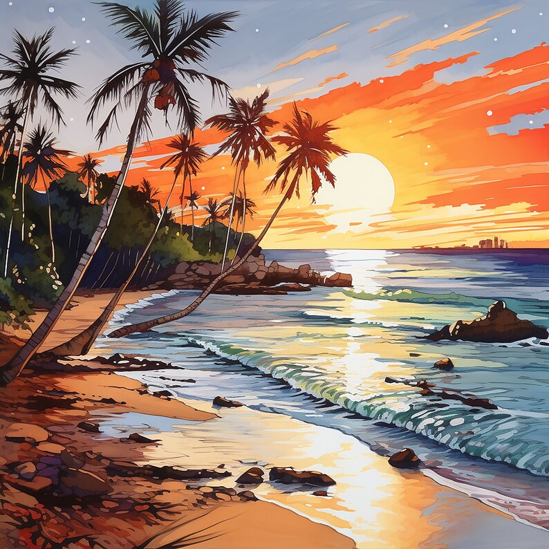 May include: A painting of a tropical beach scene with palm trees, a sunset, and waves crashing on the shore.