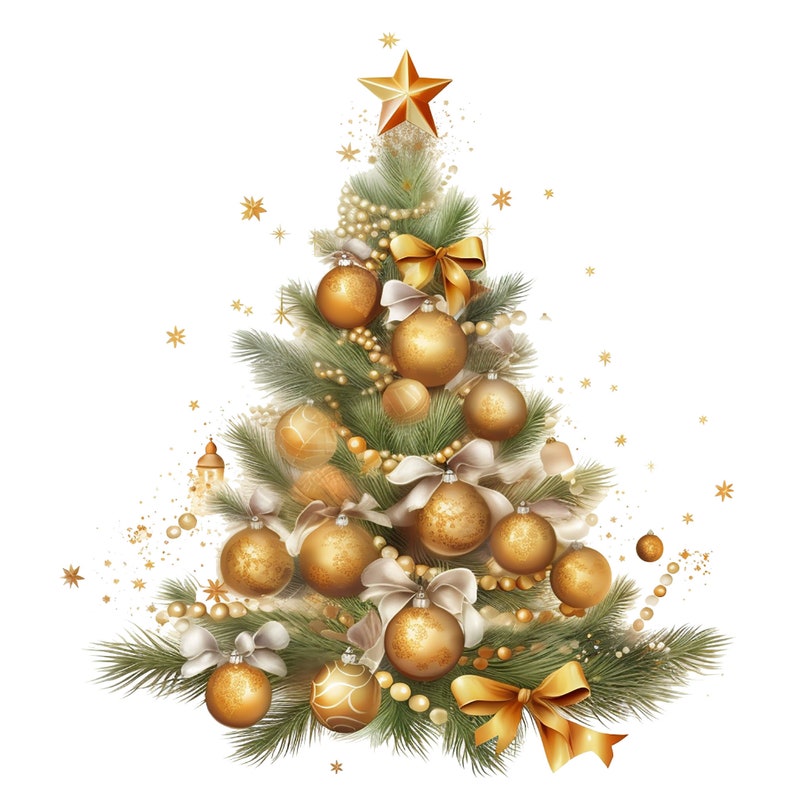 Puede incluir: Un &aacute;rbol de Navidad dorado decorado con adornos dorados, lazos blancos y cuentas doradas. La cima del &aacute;rbol est&aacute; adornada con una estrella dorada.