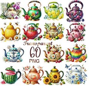 Pode incluir: Uma coleção de 16 bules decorativos com vários designs, incluindo temas florais, frutados e náuticos. Os bules são em cores vibrantes e apresentam detalhes intrincados. A imagem inclui o texto "Transparent 60 PNG".