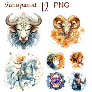 12 Zodiac Signs Clipart, Horoscope PNG, Clip Art Bundle, Astrological Elements, PNG for Magic & Astrology, Zodiac png, digital download