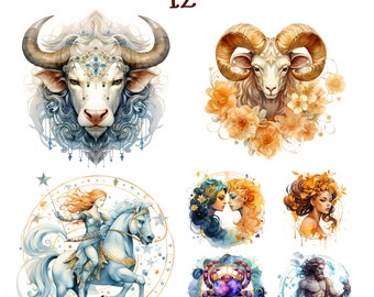 12 Zodiac Signs Clipart, Horoscope PNG, Clip Art Bundle, Astrological Elements, PNG for Magic & Astrology, Zodiac png, digital download