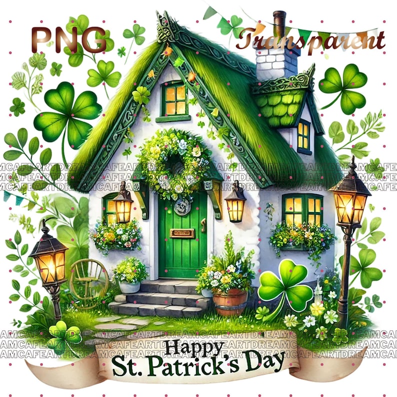 Pu&ograve; includere: Un cottage verde e bianco con un tetto di paglia e una porta verde. Il cottage &egrave; circondato da trifogli e ha un cartello che recita "Buon San Patrizio".