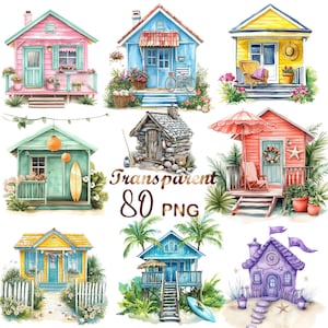 Op de afbeelding: Waterverfillustraties van kleurrijke strandhuisjes in verschillende stijlen. De afbeelding toont roze, blauwe, gele en groene huisjes met details zoals bloembakken, veranda's en surfplanken. De tekst "Transparent 80 PNG" is ook zichtbaar.