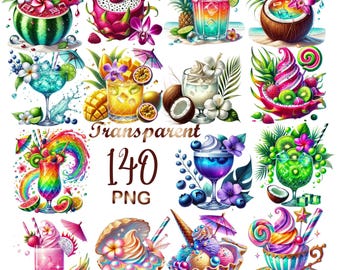 140 PNG Tropical Cocktail Clipart - Exotic Summer Drink Watercolor Illustrations, Colorful Cocktail Images, Instant Download, Commercial Use