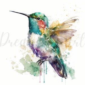 May include: Watercolor painting of a hummingbird with vibrant teal, green, red, and purple hues. The bird is depicted with its wings slightly spread, showcasing delicate details. Splattered paint effects add to the artistic style. The word "Dream Art" is written in the image.