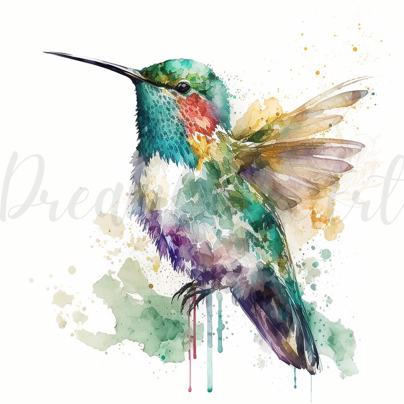 May include: Watercolor painting of a hummingbird with vibrant teal, green, red, and purple hues. The bird is depicted with its wings slightly spread, showcasing delicate details. Splattered paint effects add to the artistic style. The word "Dream Art" is written in the image.