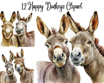 12 Happy Donkeys Clipart, Donkey clipart, JPG, Commercial use,Digital Download, Card Making, Mixed Media,Digital Paper Craft,Watercolor,