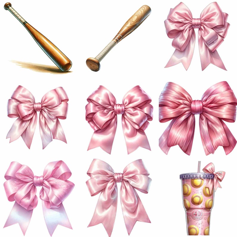 May include: A set of pink satin bows with a wooden baseball bat. The bows are tied in a variety of styles, including a simple bow, a bow with tails, and a bow with a loop. There is also a pink and white cup with a straw and a baseball design.