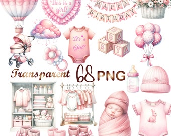 68 PNG, paquete Girl Babyshower Clipart, Es una niña archivos png, Pink baby shower png, fiesta de revelación de género, cumpleaños de niña, uso comercial