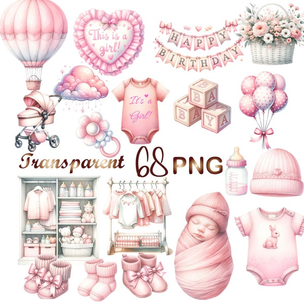 68 PNG, Girl Babyshower Clipart bundle, It's a girl png files, Pink baby shower png, gender reveal party, girl baby birthday,Comercial use