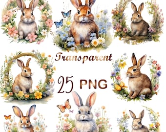 Pode incluir: Um conjunto de 25 ilustrações de aquarela de coelhos em coroas de flores. Os coelhos são marrons e brancos com narizes rosas e bigodes. As coroas são feitas de flores rosas, amarelas e azuis.