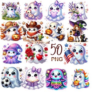50 PNG Cute Ghosts Clipart Bundle, Cute Funny Ghost, Adorable Spooky Illustrations, Digital Download, Halloween Commercial Use