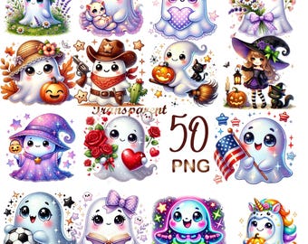 50 PNG Cute Ghosts Clipart Bundle, Cute Funny Ghost, Adorable Spooky Illustrations, Digital Download, Halloween Commercial Use