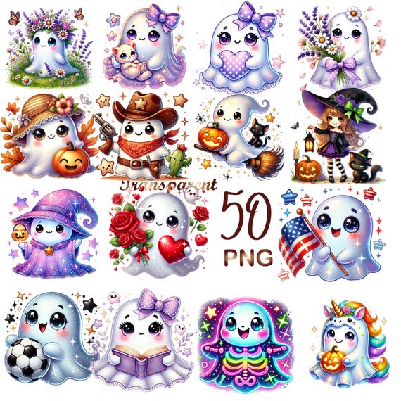 50 PNG Cute Ghosts Clipart Bundle, Cute Funny Ghost, Adorable Spooky Illustrations, Digital Download, Halloween Commercial Use