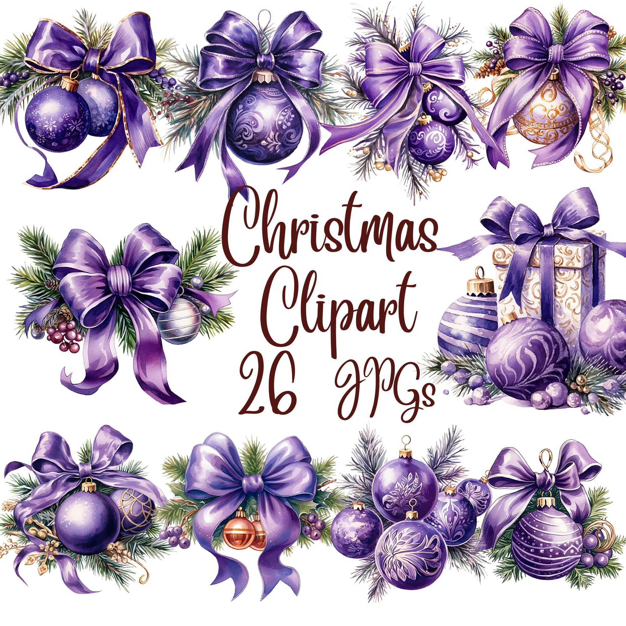 26 Purple Christmas Decoration JPGs, High Quality JPGs, Digital Download - Card Making, Mixed Media, Digital Paper Craft, Christmas clipart