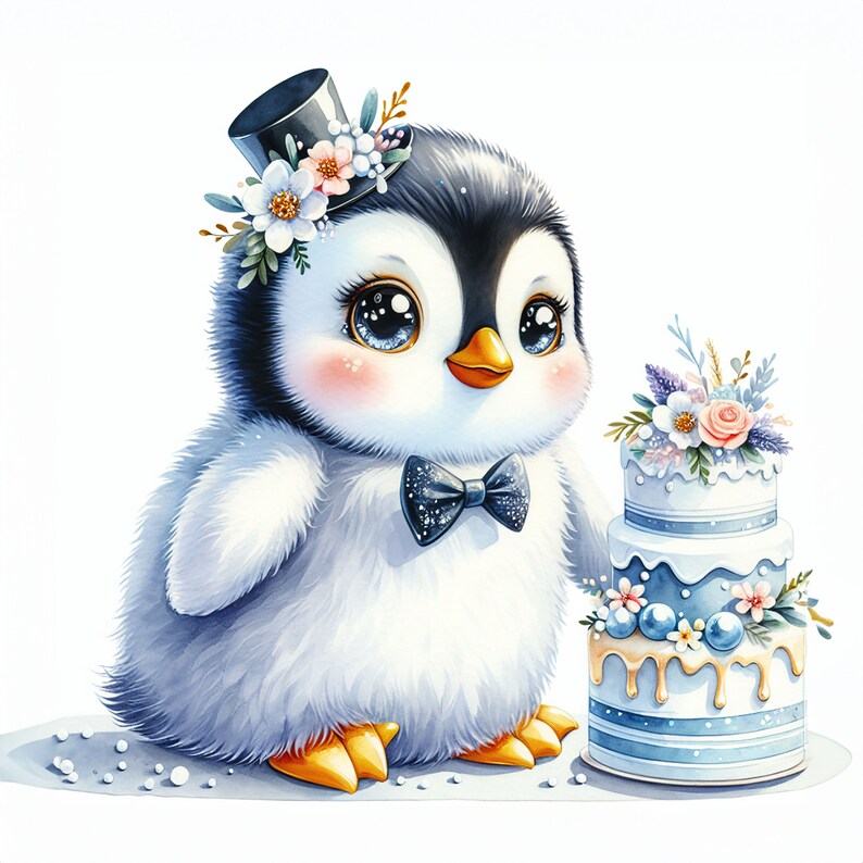 May include: A cute cartoon penguin wearing a black top hat with white flowers and a black bow tie, standing next to a three-tiered blue and white wedding cake with white frosting and blue and white decorations.