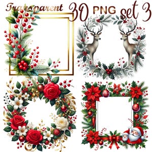 30 PNG set 3 Christmas Frames Clipart bundle, Holiday Festive border Graphics Designs, Holiday Printables, Commercial Use, Digital Download