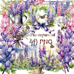 40 Watercolor Lupine Clipart PNG, Spring Clipart,clipart pack, floral blue bouquets, Digital Download,Card Making,Mixed Media,Commercial use