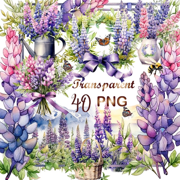 40 lupin aquarelle Clipart PNG, clipart printemps, pack de cliparts, bouquets floraux bleus, téléchargement numérique, fabrication de cartes, techniques mixtes, usage commercial