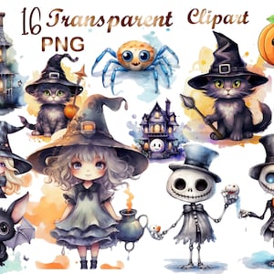 16 Watercolor Halloween Cute Ghost Vampire Bat Clipart Bundle of 20 - Transparent Background Digital Download PNG Graphics - Commercial Use