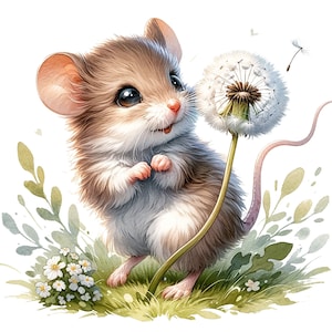 Könnte beinhalten: Eine süße Comic-Maus mit braunem Fell und großen Augen steht auf einem grünen Stiel und hält einen weißen Löwenzahn mit brauner Mitte. Die Maus lächelt und hat eine rosa Nase.