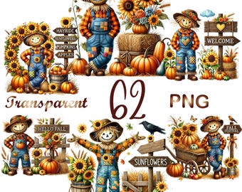 Fall Scarecrows Clipart – 62 PNG | Hello Pumpkin, Pumpkins, Autumn, Scarecrow Images, Fall Sublimation, Decals (Digital Download)