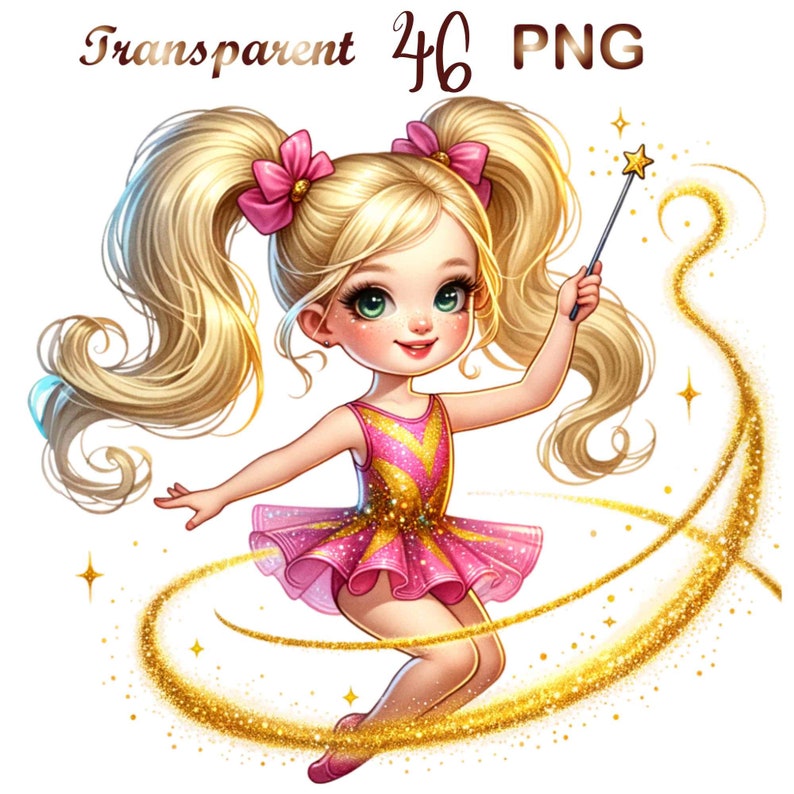 Puede incluir: Una ilustraci&oacute;n de dibujos animados de una ni&ntilde;a con coletas rubias que lleva un leotardo rosa y dorado y sostiene una varita que crea un rastro de purpurina dorada.