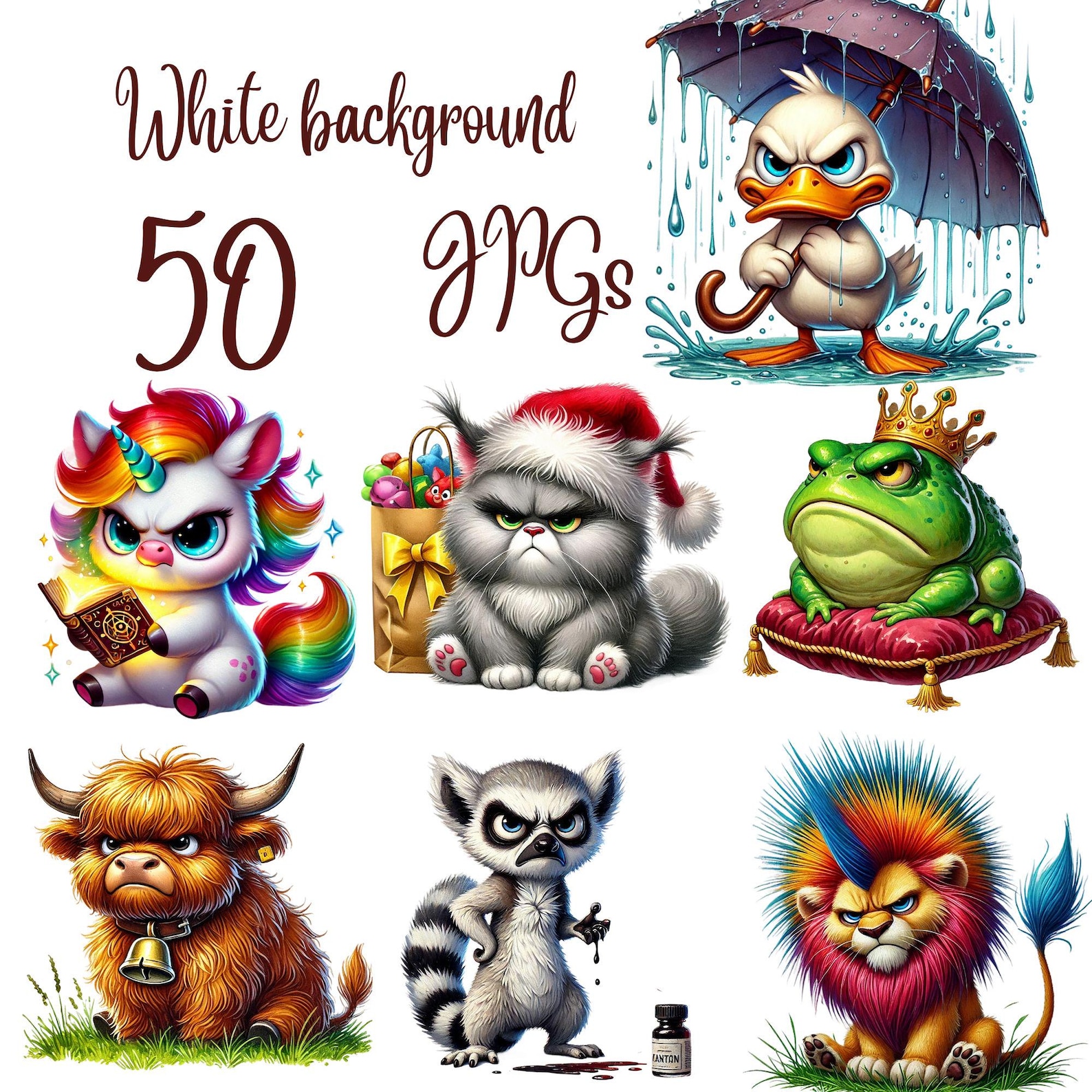 50 Jpgs, Watercolor Funny Grumpy Animals Clipart Bundle, Funny Grumpy ...