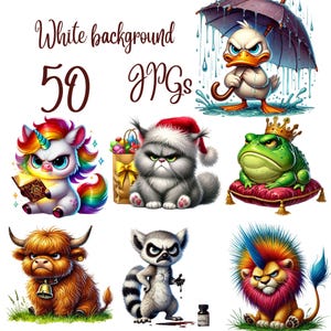 50 JPGs, Watercolor Funny Grumpy Animals Clipart Bundle,  Funny Grumpy Safari Animals Clipart, Grumpy Forest Animals, Cartoon Prints Bundle