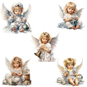 May include: Five illustrations of angels with wings, each with a different pose and holding a different object. The angels are all wearing white dresses and have blonde hair. The objects they are holding include a bell, a gift, a Christmas ornament, a candle, and a star.