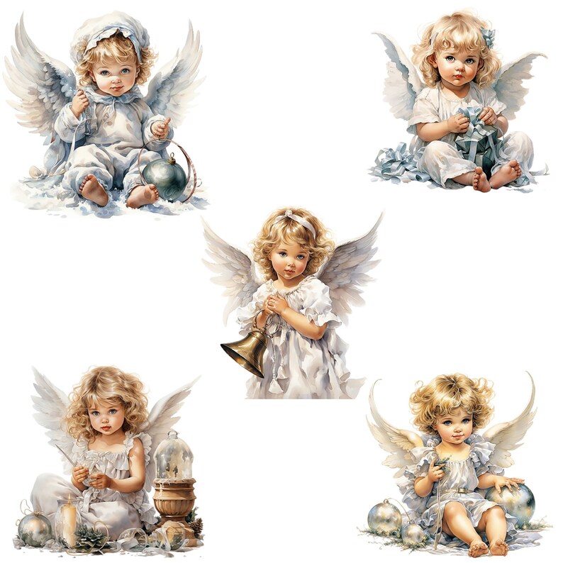 May include: Five illustrations of angels with wings, each with a different pose and holding a different object. The angels are all wearing white dresses and have blonde hair. The objects they are holding include a bell, a gift, a Christmas ornament, a candle, and a star.
