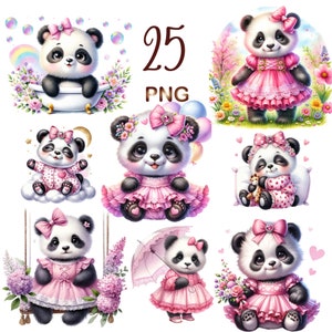 25 PNG, Cute Girl Panda Clipart, Adorable Panda Clipart Bundle, Panda Pack  for Commercial Use, Instant Digital Download