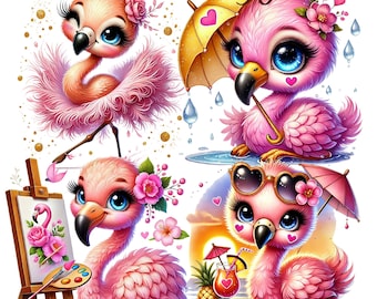 30 PNG-Dateien, Flamingos-Clipart-Bundle (2 Stück), niedliche rosa Vögel, Grafiken, Flamingos, Sofort-Download, Unbegrenzte kommerzielle Nutzung