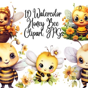 10 Watercolor Honey Bee Clipart,  JPGs, Commercial Use, Digital Download, Card Making, Mixed Media,Digital Paper Craft,Watercolor clipart