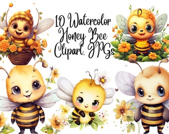 10 Watercolor Honey Bee Clipart,  JPGs, Commercial Use, Digital Download, Card Making, Mixed Media,Digital Paper Craft,Watercolor clipart