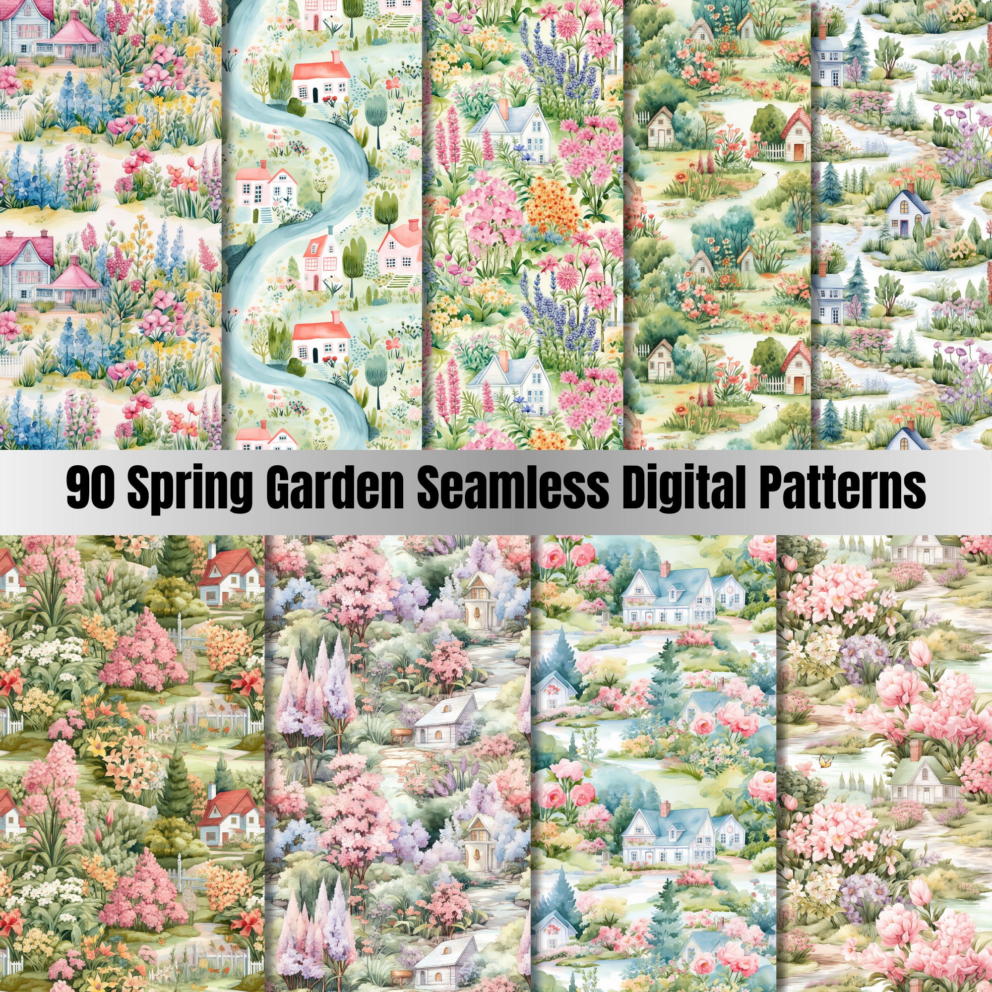 90 Seamless Spring Garden Digital Paper, Spring Garden Seamless Pattern ...