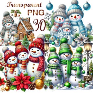 30 PNG, Christmas Snowman bundle Clipart, Festive Snowmen Graphics, Holiday clipart, Commercial Use, Digital Download