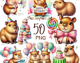 Capybara Birthday Clipart Bundle – 50 PNG Cute Party Animals, Cute Capybara Graphics for Kids,Instant Download Digital Prints,Commercial Use