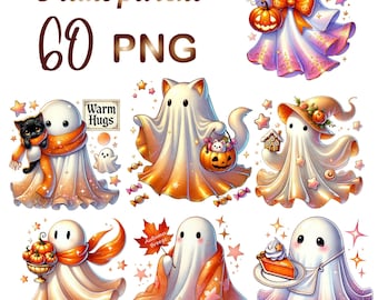 60 PNG, Funny Ghost Halloween Clipart Bundle, Watercolor Cute Pumpkin Ghost Clipart, Sublimation Designs Downloads, Commercial Use
