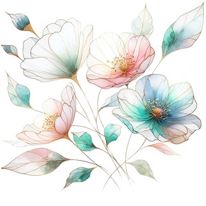 May include: A watercolor painting of a bouquet of delicate flowers with pink, blue, and white petals. The flowers have gold outlines and are arranged on a white background.