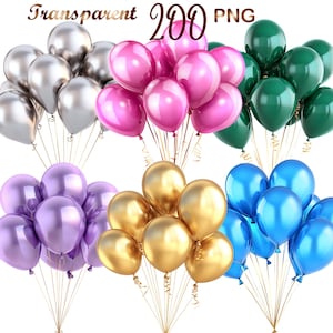 Könnte beinhalten: Ein Bündel bunter Ballons in Silber, Rosa, Grün, Lila, Gold und Blau. Die Ballons sind mit goldener Schnur zusammengebunden.