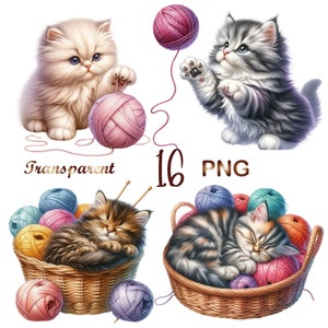 May include: Four adorable kittens playing with balls of yarn. One kitten is white with pink yarn, one is gray with pink yarn, one is brown and white with a basket of yarn, and one is brown and white sleeping in a basket of yarn.