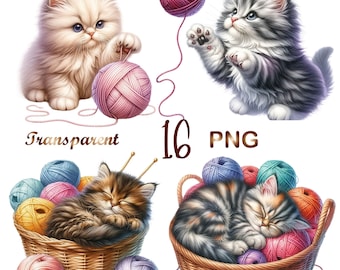 16 PNG, Playful Kitty Clipart bundle, Kitty in a wool basket clipart bundle, Cute cat png graphics, Cute cat png
