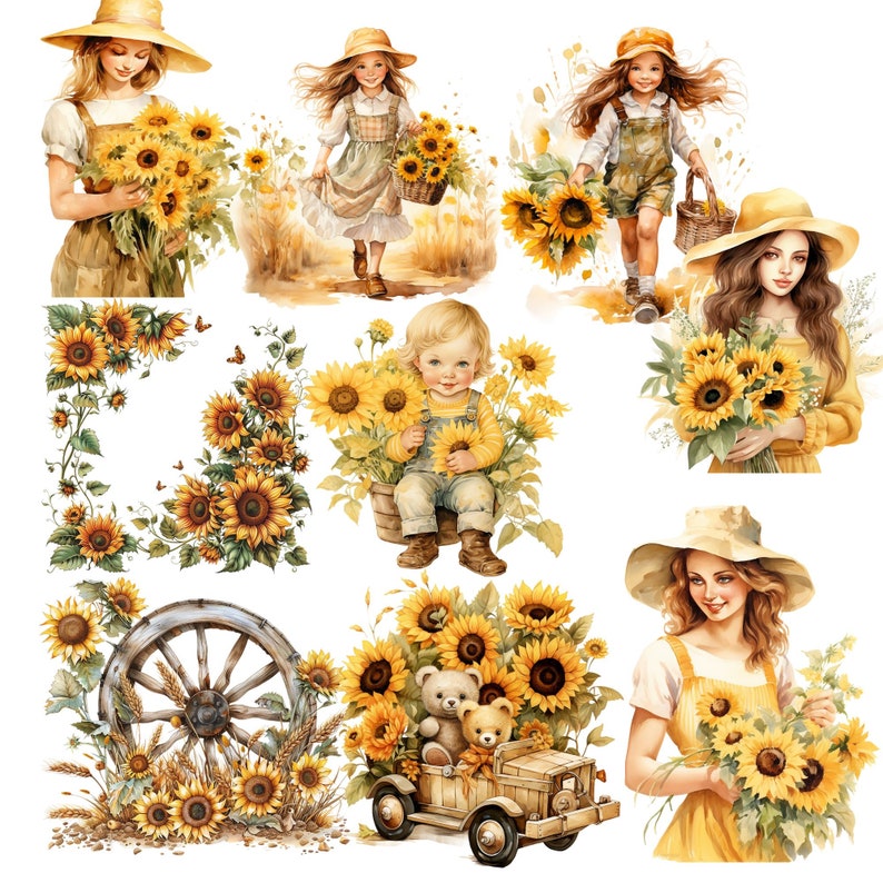 SUNFLOWERS - 100 clip arts (300 dpi, commercial use, bundle, digital, yellow, pale flowers, floral, nature, garden, junk journal, png)