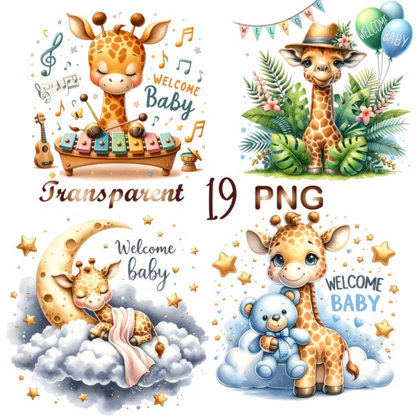 19 PNG, clipart bienvenue bébé, décoration de chambre d'enfant, jolie girafe, clipart bébé girafe, baby shower, impressions numériques, usage Commercial