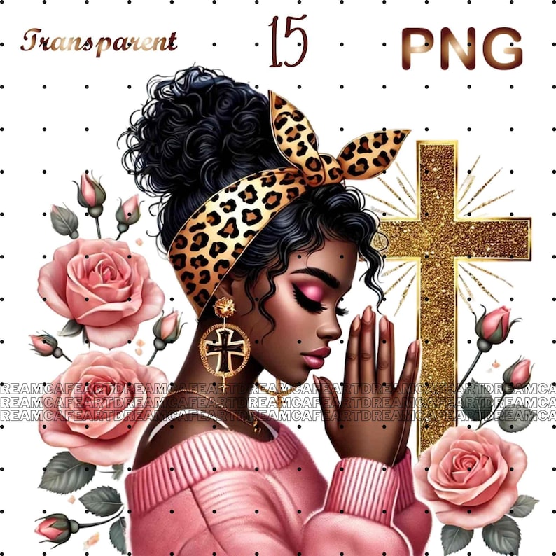 May include: A digital illustration of a woman with dark brown skin, wearing a pink sweater, a leopard print headscarf, and gold earrings. She is praying with her hands clasped together. A gold cross with glitter is behind her, and pink roses are on either side of her. The background is white with black polka dots.