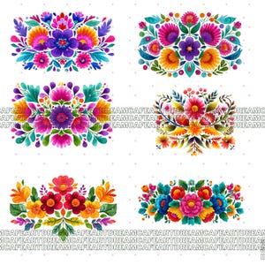 May include: Six rectangular floral designs in bright colours. The designs feature a variety of flowers in pink, purple, orange, yellow, and blue. The floral arrangements are set against a white background.