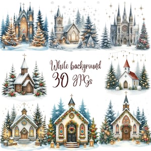 30 JPG, Watercolor Church clipart bundle, Christmas clipart bundle, Winter Church clipart, festive church covered in snow, commercial use