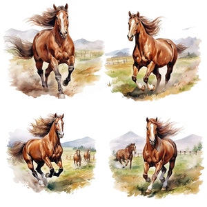 May include: Four brown horses running through a field. The horses are in different positions, with their manes flowing in the wind. The background is a watercolor painting of a field with mountains in the distance.
