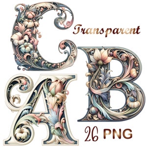 Paquete de 26 letras iluminadas PNG, clipart de tarjetas, clipart de letras florales del alfabeto inglés, uso comercial, descarga digital